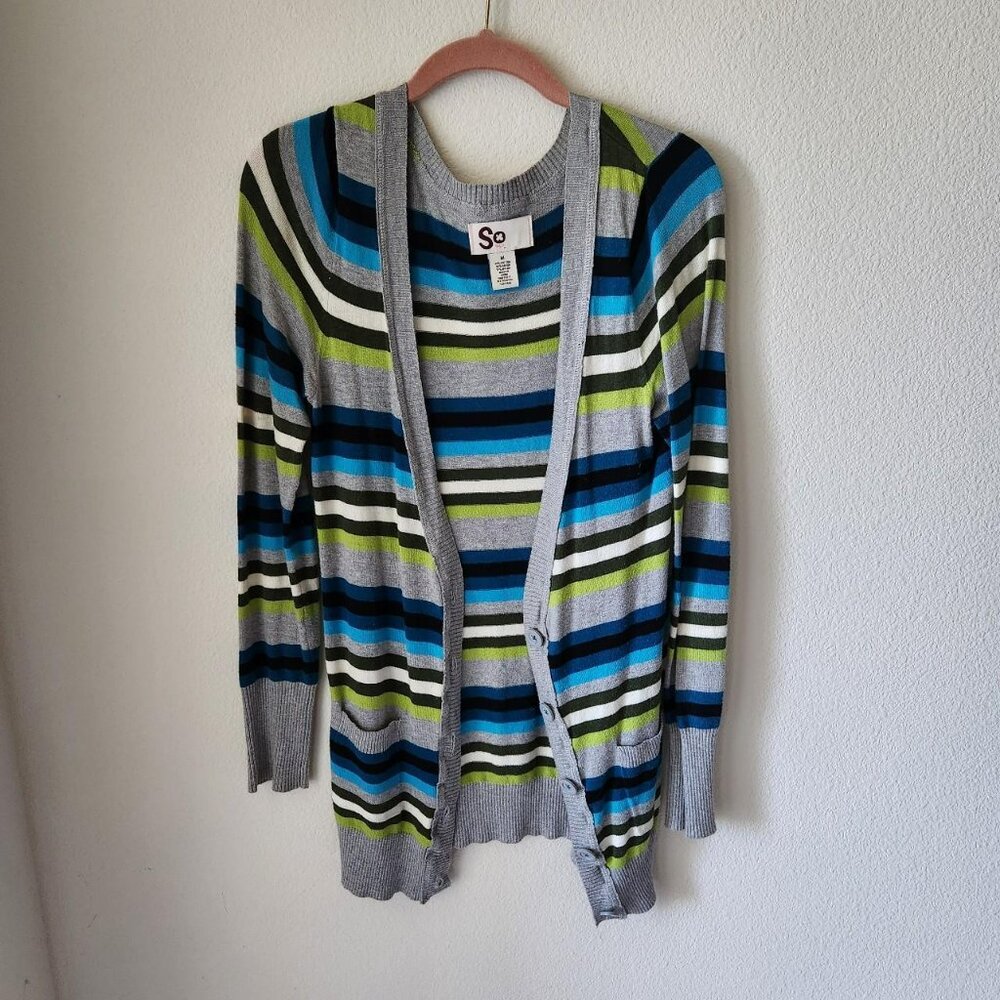 SO Y2K Grey Multicolor Striped Sweater Cardigan Women Sz M preppy academic